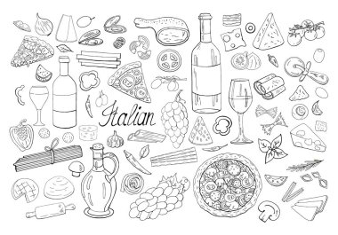 Beyaz arka plan üzerinde izole büyük elle çizilmiş İtalyan yemeği koleksiyonu. Vektör İtalyan pizza, şarap, peynir set.