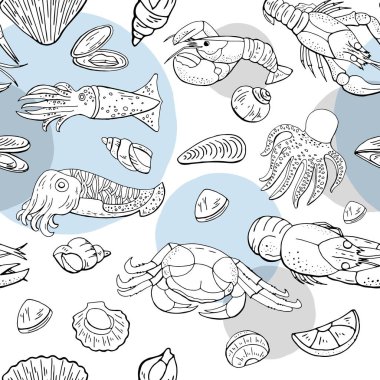 Deniz ürünleri ve balık beyaz zemin üzerine ile Seamless modeli. Okyanus balık koleksiyonu el çekilmiş.