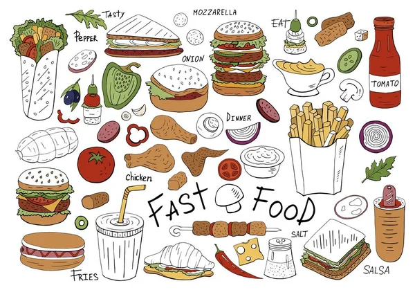 Coleta de fast food desenhada à mão isolada em fundo branco. Conjunto de alimentos Vector stree — Vetor de Stock