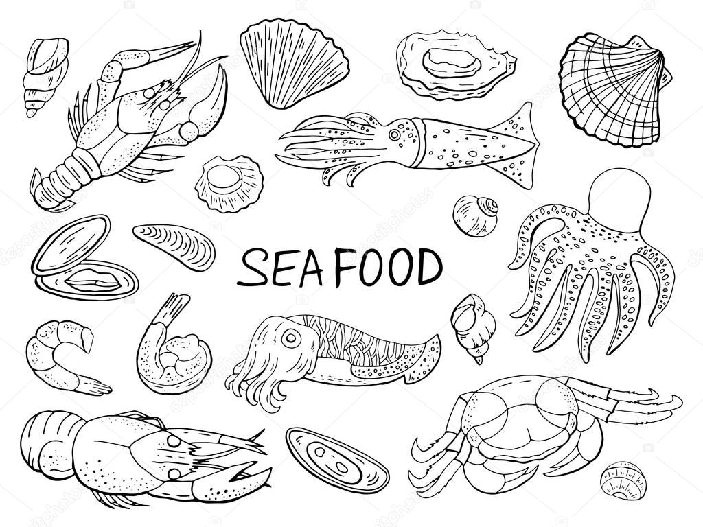 Seafood and fish black and white elements 