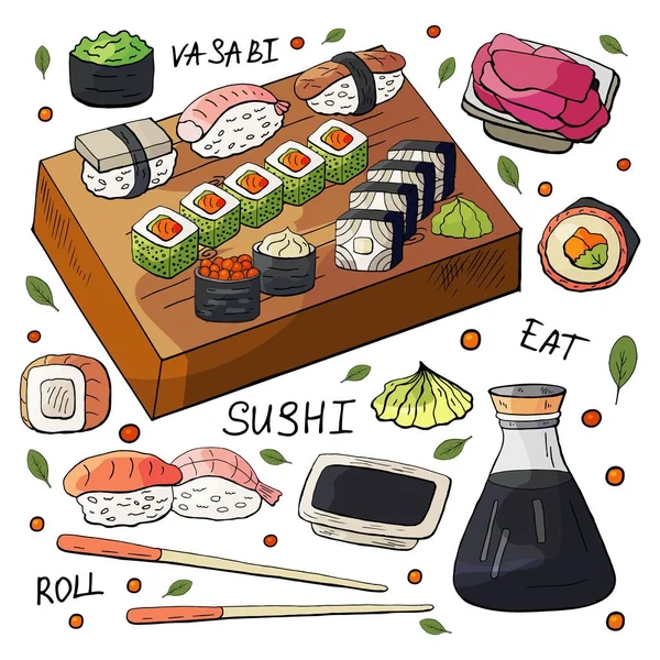 Japan sushi and rolls sets on white background. — Stock Vector