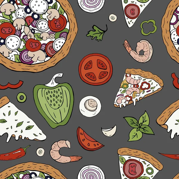 Motif vectoriel sans couture avec des éléments de pizza italiens sur fond gris — Image vectorielle