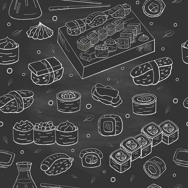 Seamless mönster med sushi samling på svart bakgrund. — Stock vektor