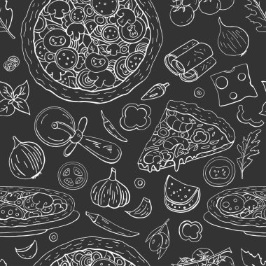 Siyah arka plan, vintage Buzdolabının üzerinde sorunsuz İtalyan pizza şekli