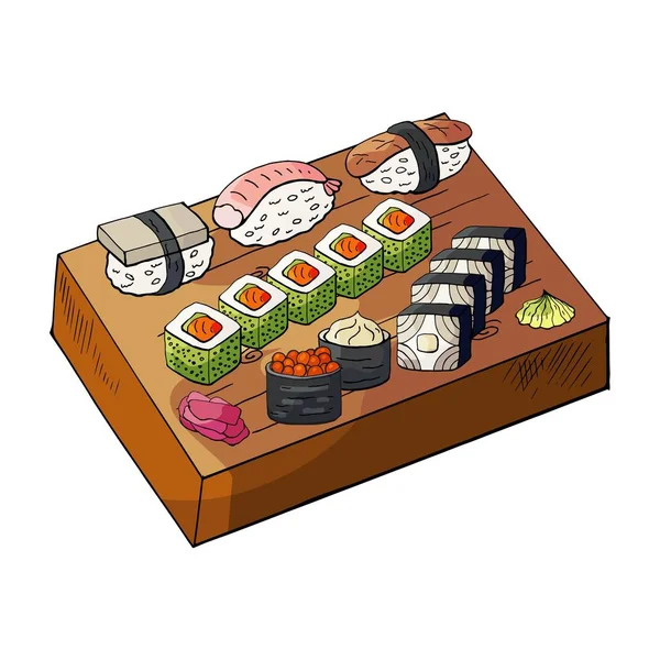Vektor kézzel rajzolt japán sushi a fából készült fedélzet elszigetelt whi — Stock Vector