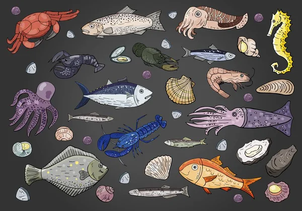 Векторні морепродукти та риби на чорному фоні . — стоковий вектор