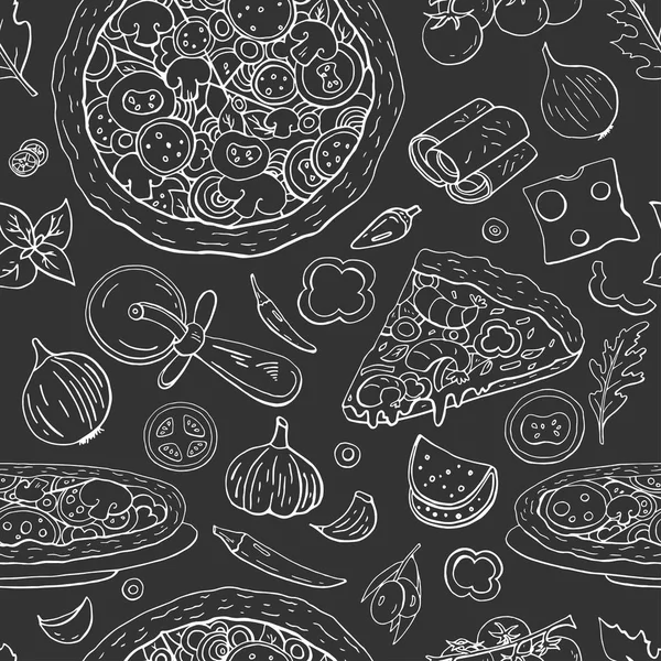 无缝意大利比萨饼图案在黑色背景, 复古 pizz — 图库矢量图片