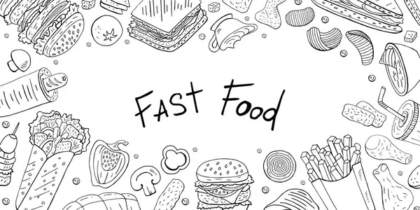 Horizontale banner met verschillende fastfood elementen op witte bac — Stockvector
