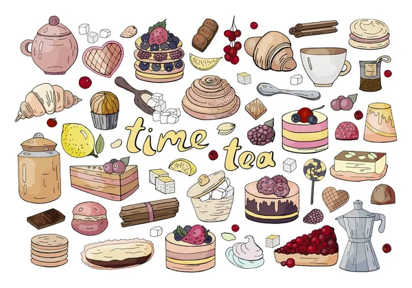 Grand ensemble de thé, pâtisserie et bonbons isolés sur fond blanc . — Image vectorielle