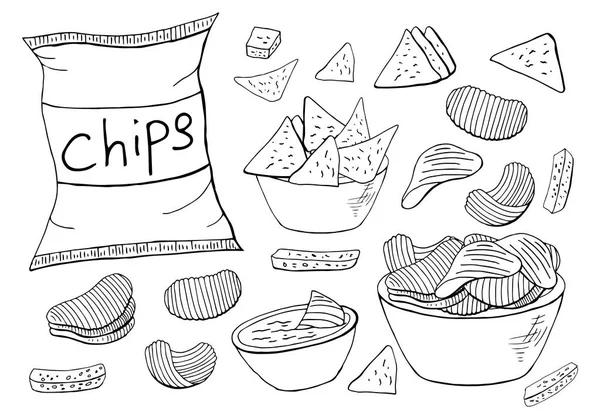 Esboço coleção de chips no fundo branco. Vetor diferentes elementos chips —  Vetores de Stock