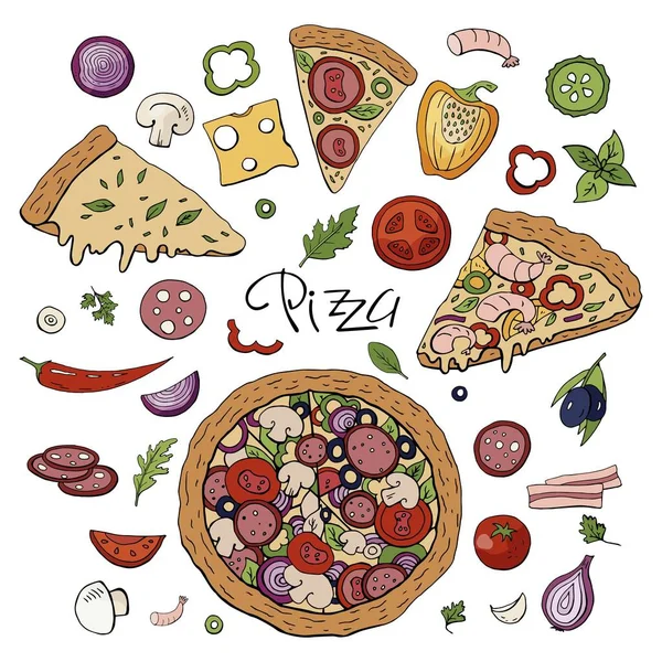 Pizza et légumes italiens isolés sur fond blanc . — Image vectorielle