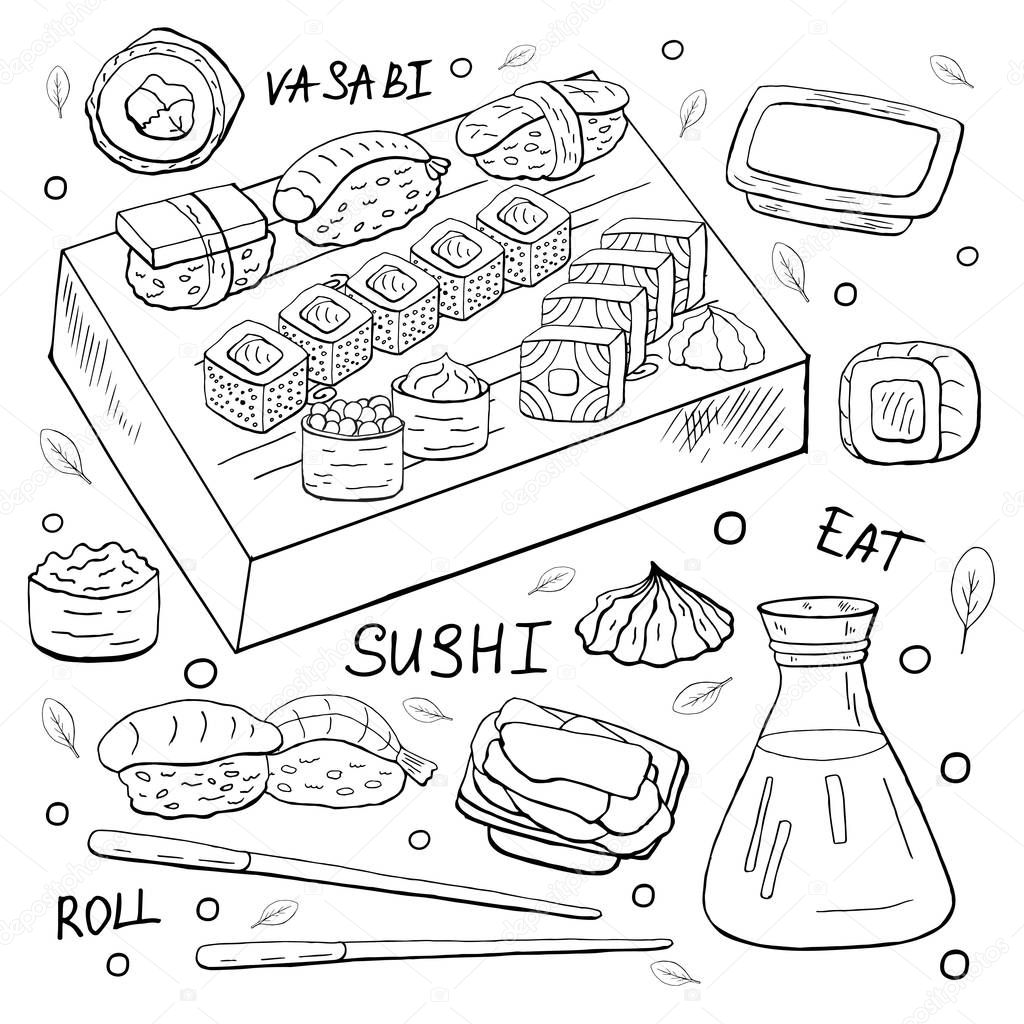 Japan sushi elements outline on white background. Vector sushi collection black and white