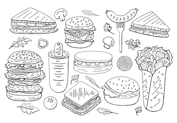 Set van differen hamburgers en sandwiches zwart / wit — Stockvector