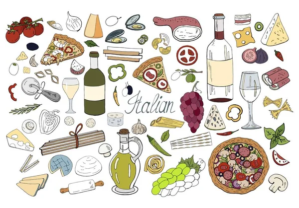 Conjunto de elementos alimentares italianos desenhados à mão isolados — Vetor de Stock