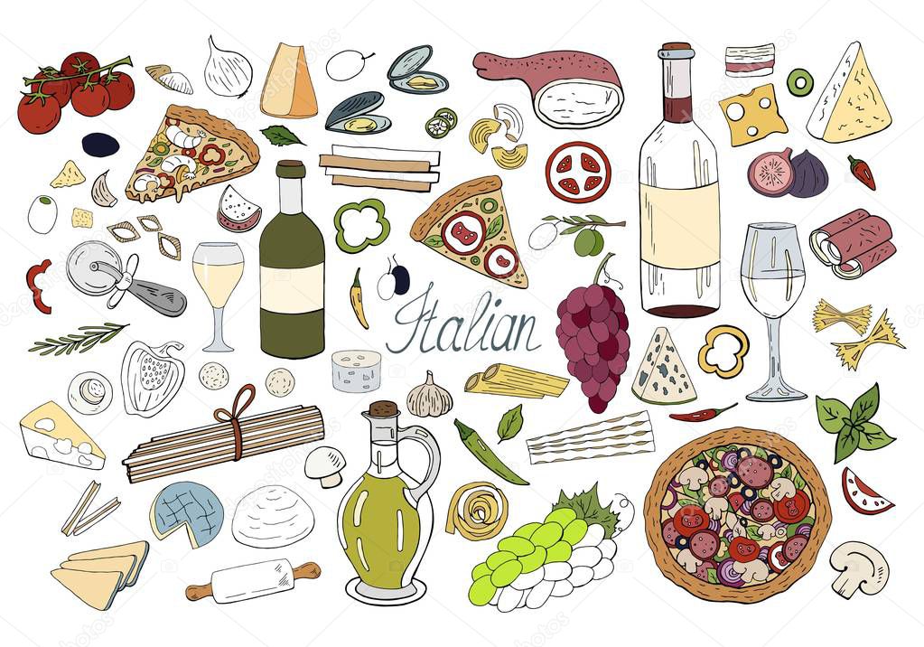 Set of hand drawn italian food elements isolated 