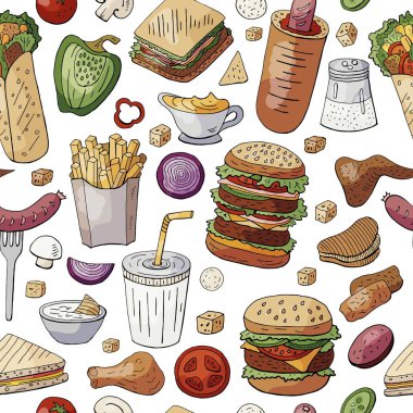 Ünlü fast food ve beyaz arka plan üzerinde renkli içecekler ile Seamless Modeli. 