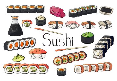 Beyaz arka plan üzerinde izole Japonya suşi koleksiyonu kümesi. 