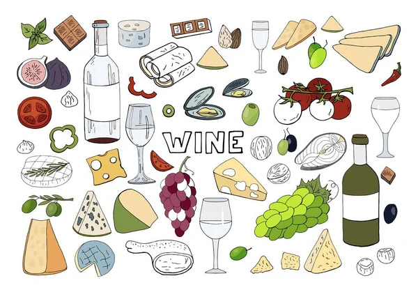 Conjunto desenhado à mão com vinho, queijo diferente, uva, legumes isolados em fundo branco . — Vetor de Stock