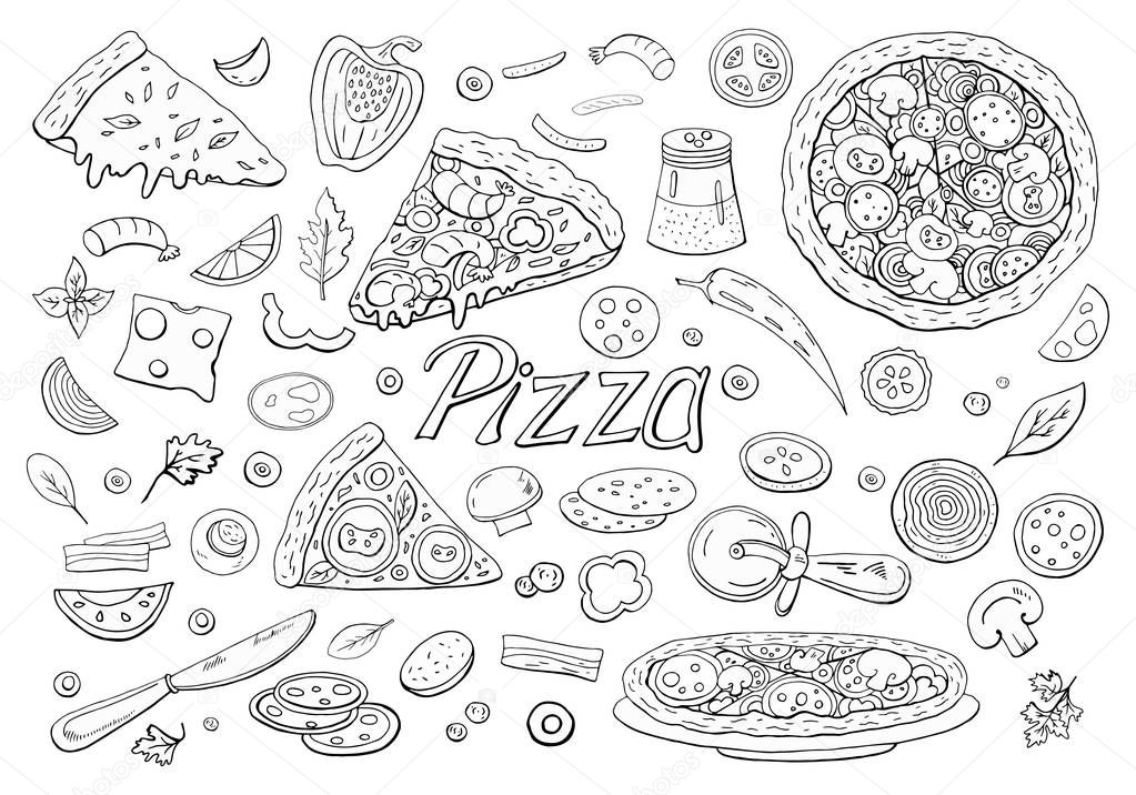 Big italian pizza and pizza ingredients isolated on white background. 