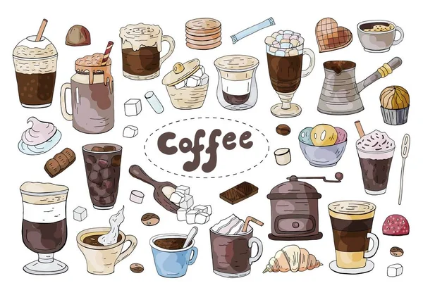 Set de diferentes tipos de café dibujado a mano sobre el fondo blanco . — Vector de stock