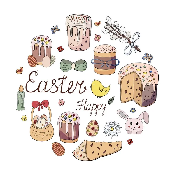 Happy Easter holiday. Easter cakes, willow twig, rabbit, chicken and flowers