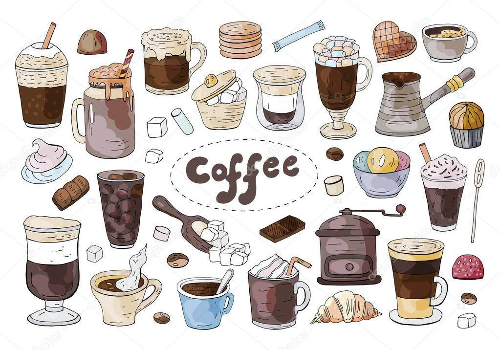 Set of hand drawn different types of coffee on the white background. 