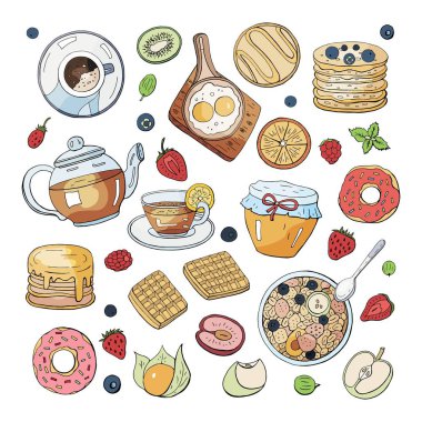Beyaz arka planda izole sabah kahvaltı elemanları seti. 