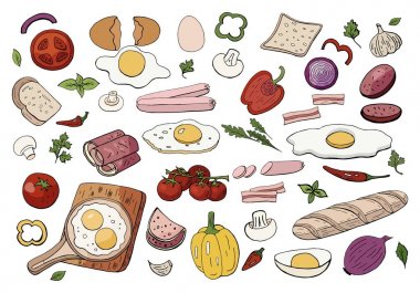 Sabah kahvaltısı için farklı gıda seti omlet ve sebze omlet
