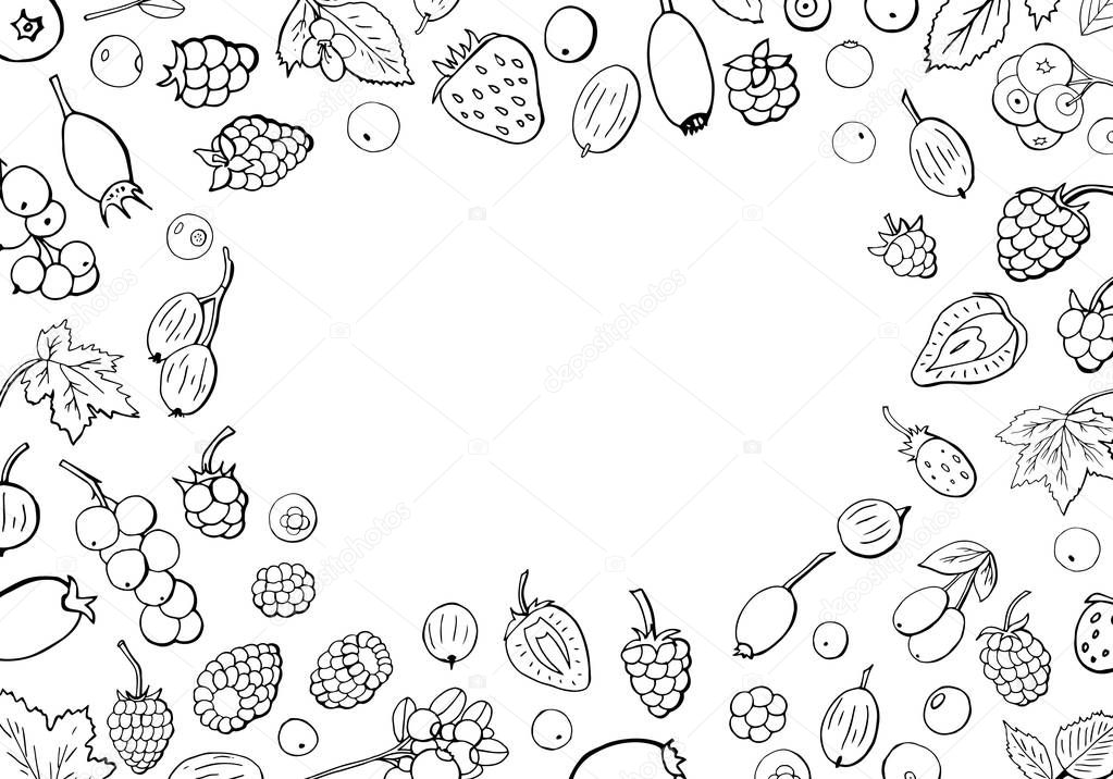 Big collection of different types of berries with space for text. 