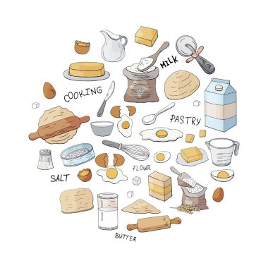 Farklı hamur öğeleri ve mutfak aksesuarları 