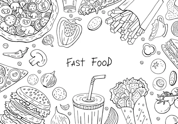 Gran colección de comida rápida en blanco y negro con espacio para texto — Archivo Imágenes Vectoriales