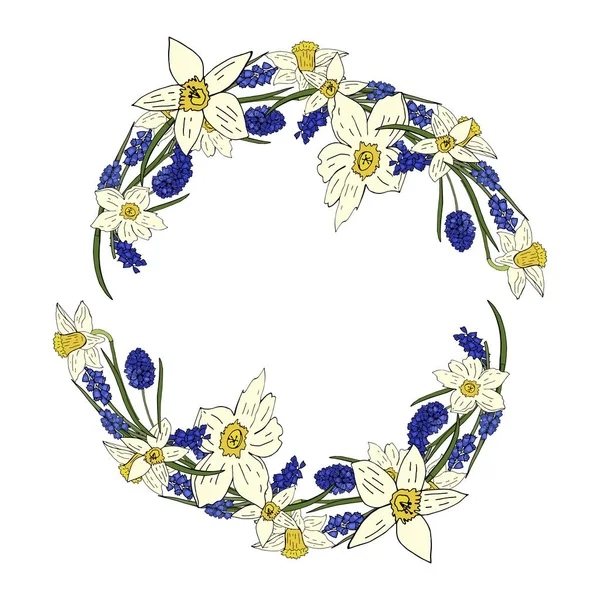 Corona de primavera con narcisos y jacinto de ratón — Vector de stock