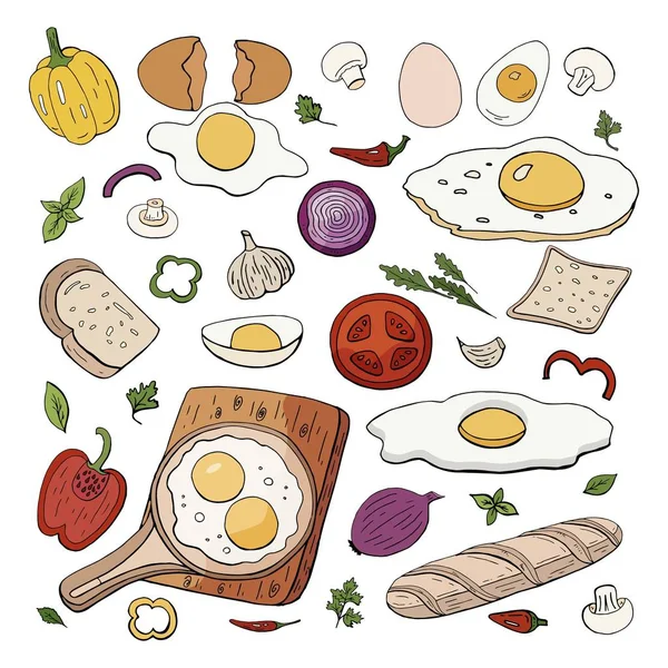 Ensemble de différents aliments pour le petit déjeuner du matin - œufs brouillés et légumes isolés sur blanc . — Image vectorielle