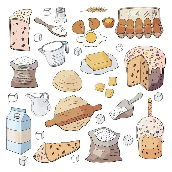 Mutlu Paskalya tatili. Paskalya kekleri pişirmek için malzemeler. El çizilmiş paskalya doodle koleksiyonu.