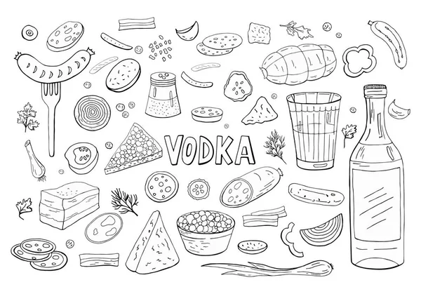 Vodka russe et diferents éléments alimentaires noir et blanc isolés sur blanc . — Image vectorielle