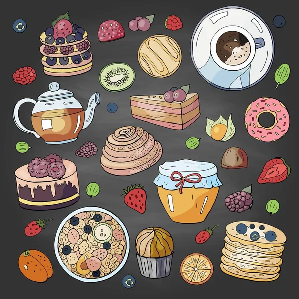 Kara tahta üzerinde kahvaltı sabah için farklı unsurlar ayarlayın. Kahvaltı doodle koleksiyonu.