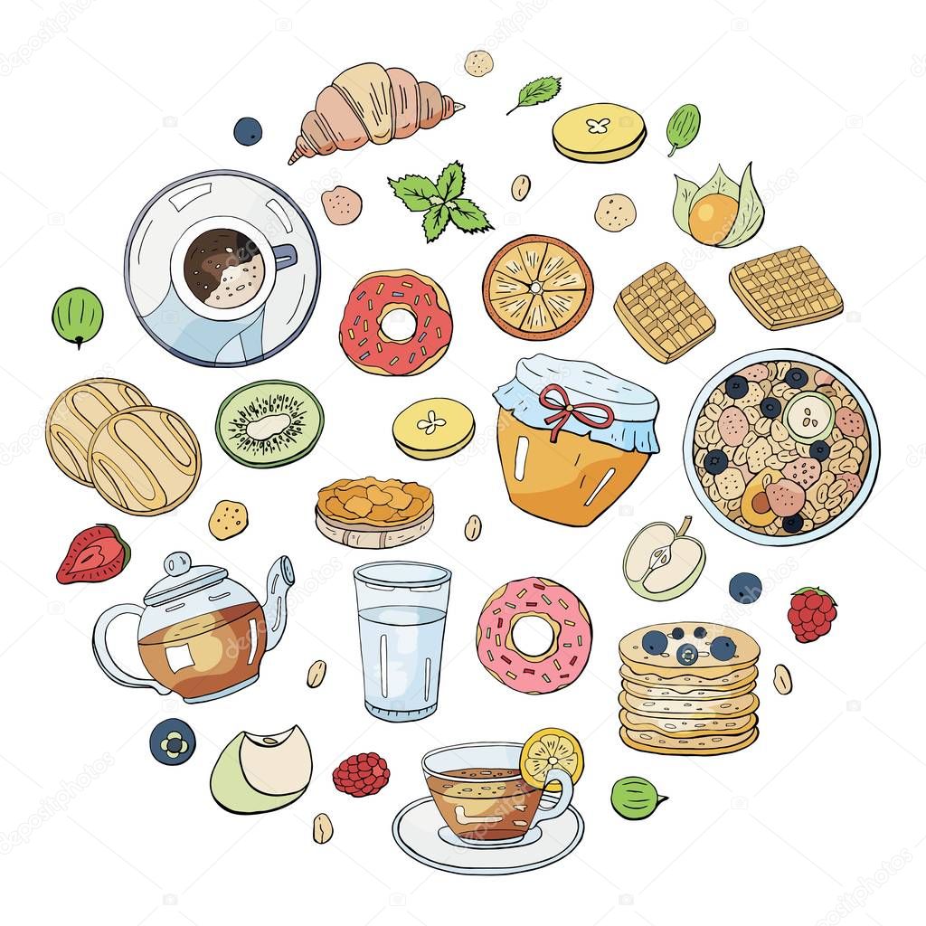 Set of morning breakfast elements isolated on white background in circle shape.  