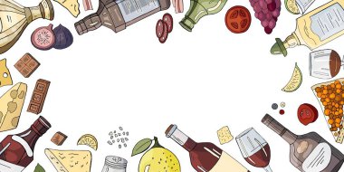 Beyaz arka planda kafe menüsü için farklı içecekler ve atıştırmalıklar ile yatay alkol baner. 