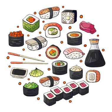 Daire içinde beyaz arka plan üzerinde izole japon suşi koleksiyonu kümesi. Japonya gıda