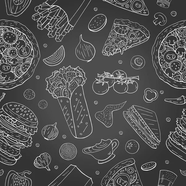 Tebeşir tahtası üzerinde farklı fast food elemanları ile dikişsiz desen. — Stok Vektör