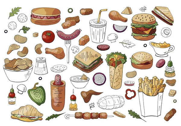 Büyük fast food renk elemanları sandviç, hamburger, aperatifler beyaz arka plan izole seti. 