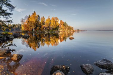 Monrepos Park Sonbahar görünümü, Vyborg, Leningrad Bölgesi. 