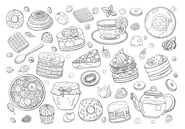 Kahvaltı isola farklı unsurların siyah ve beyaz büyük set