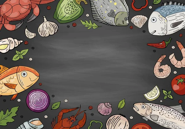 Stora skaldjurs-set och grönsaker på svarta tavlan. Handritade skaldjur — Stock vektor