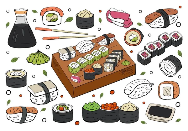 Big set of japan sushi and rolls collection on white background. — Stock Vector