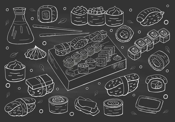 大套日本寿司和卷收集在黑板上。韦克托 — 图库矢量图片
