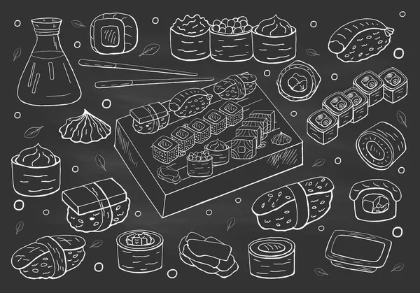 Gran conjunto de sushi japón y la colección de rollos en pizarra. Vecto. — Vector de stock