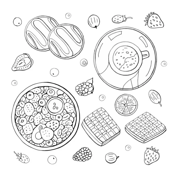 Gran conjunto de diferentes elementos de desayuno en blanco y negro en blanco — Vector de stock