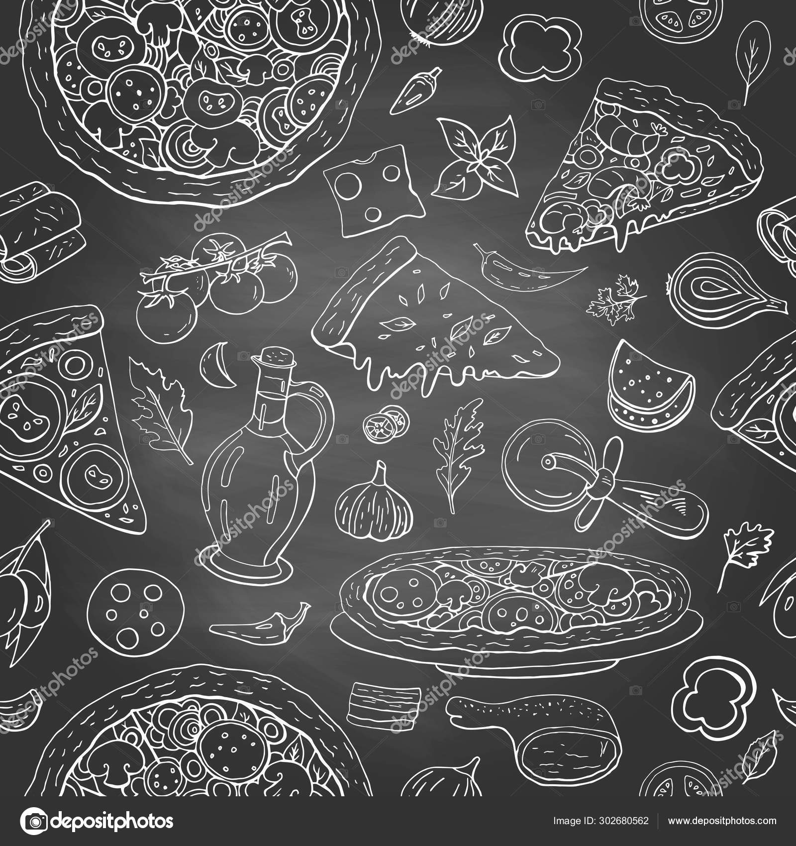 Doodle pizza pattern. Seamless print of national Italian food