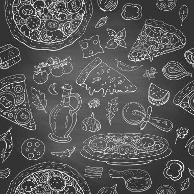 Farklı İtalyan gıda ile Dikişsiz desen - pizza, zeytinyağı 